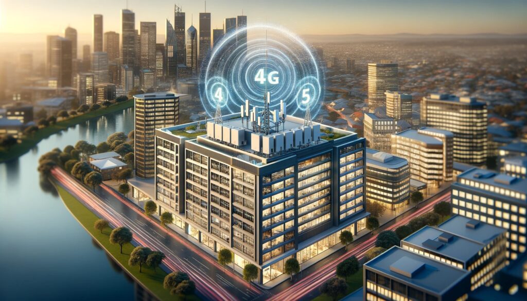 A landscape view of an office building with a visible Quatra4000 installation, enhancing both 4G and 5G signals. The building is modern and active, re